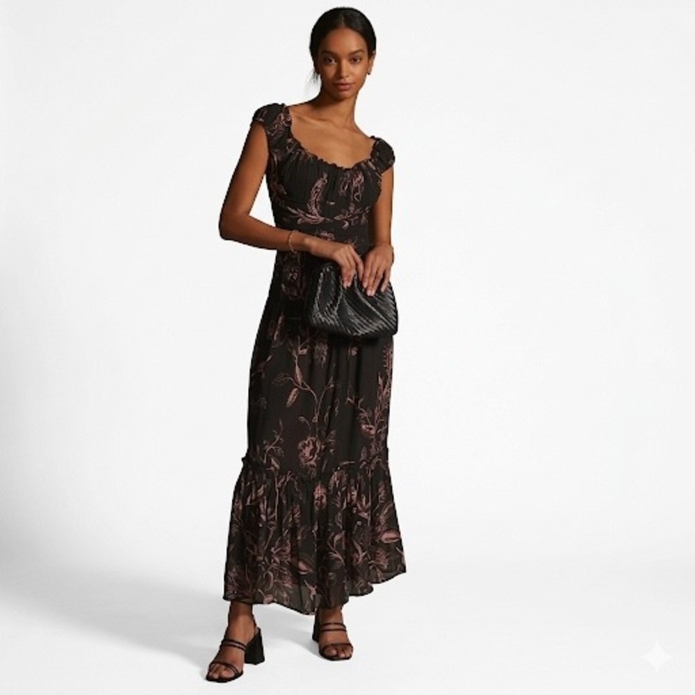 Anthropologie Black Pink Floral Ruched Sweetheart Midi Dress Medium Short Sleeve